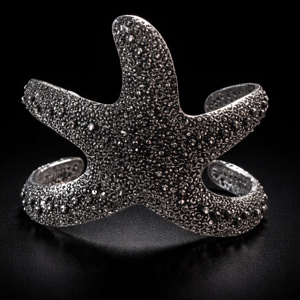 Oversized Starfish Cuff Bracelet Gunmetal Silver Textured Nautical Statement